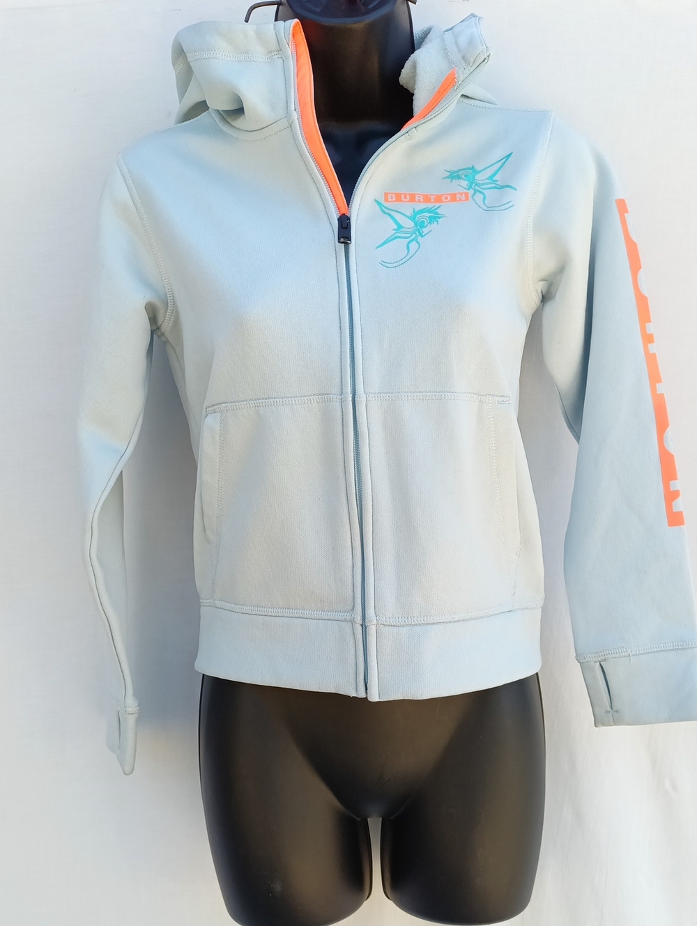 Burton Light Blue Hooded Zip Jacket w Neon Pink Orange Trim And Pixie Graphics